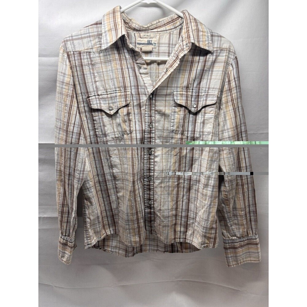 BKE Women’s Plaid Snap Front Western Shirt Medium Brown Cream Long Sleeve